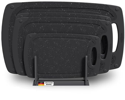 KPYTO Schneidebrett Set mit Ständer/ 4 Schneidebrettchen Kunststoff Schwarz Rutschfest mit Saftrille & Griff, BPA Frei/spülmaschinenfest rutschfest Küchenbrett mit Halterung