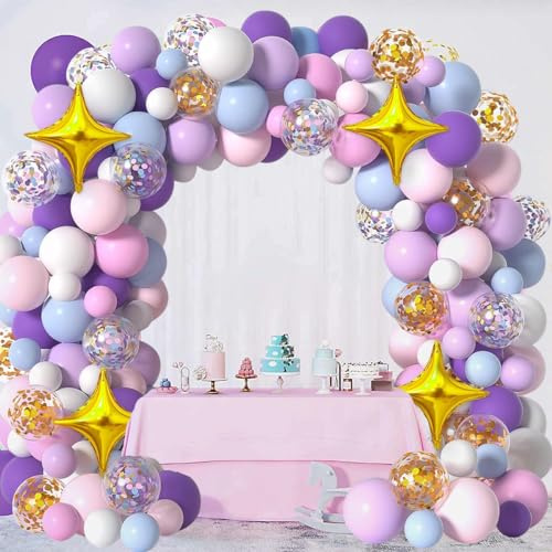 Pastel Unicorn Balloon Arch Kit - 120pcs Rainbow Unicorn Balloons Garland with Purple Pink Blue Balloon Gold Confetti Balloons for Girl Birthday Party Decoration Baby Shower Engagement Wedding