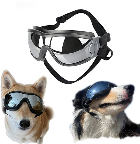 Muejjur Dog Sunglasses for Large and Medium Breed, Dog Goggles for Large Dogs, Sun Protection, Windproof, Waterproof, Dustproof and Anti-Fog with Adjustable Strap for Driving, Motorcycle, Black