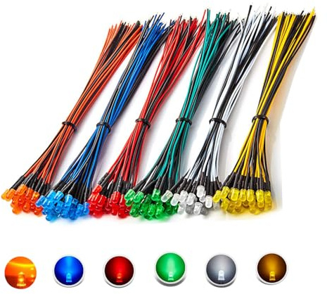 HUAZIZ 90 st 12 V LED-dioder kit 3 mm, förkopplad, emission 6 färger DC 12 volt ljus LED-diod spridningsljusstyrka vit/röd/gul/grön/blå/orange/rund med motstånd och tråd