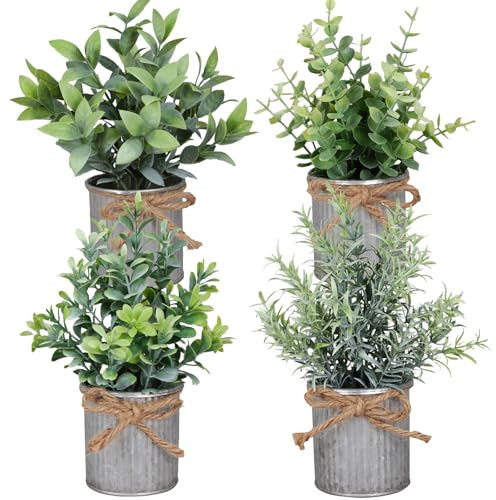 Yoratee Small Artificial Plants Set of 4 Fake Potted Plant with Iron Pot Mini Greenery Decor for Indoor Home Porch Garden Bathroom Décor