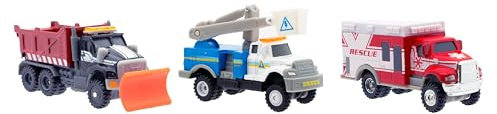 Mighty Fleet Diecast 3-Pack, Snow Shovel, Cherry Picker, and Ambulance, Durable 3” Diecast Vehicles for Kids Ages 3+