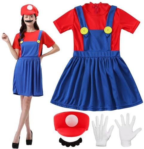 Shengruili Luigi-kostym-set, utklädnadsdräkt för kvinnor och män, outfit för jul, karneval och maskerad