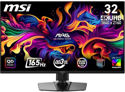 MSI MAG 322UP QD-OLED E16 32-Inch 4K UHD Gaming Monitor, 3840x2160 Quantum Dot Panel, 165Hz, 0.03ms, DisplayHDR True Black 400, AMD FreeSync Premium Pro, HDMI 2.1, DP 1.4a, USB C (15W PD)