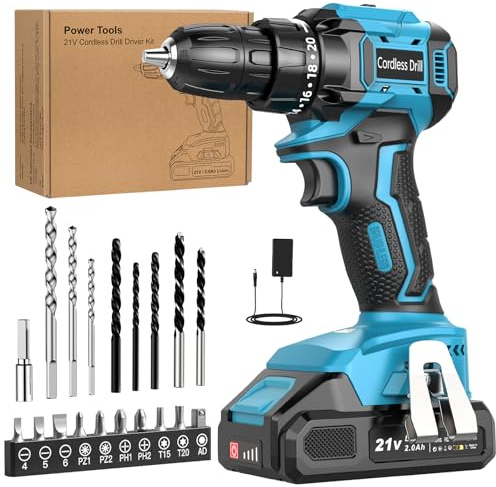 Brushless Cordless Drill Set, LEEIKOO Power Drill 21V with 2.0Ah Battery, Electric Drill 45N.m Max, 20+1 Torque, 2 Speed, LED Light, 21pcs Drills Set for Home, Garden DIY, Blue