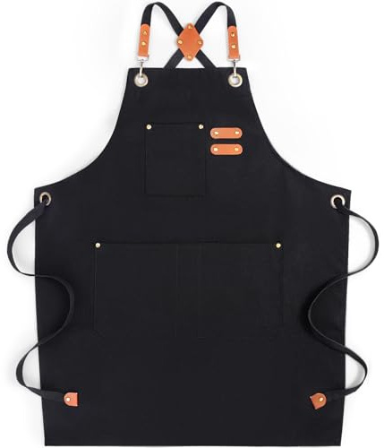 Cardkiss Chef Aprons for Men Women with Large Pockets, Cotton Canvas Water Repellent Kitchen Apron for Cooking-Black