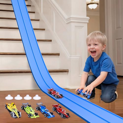 4.5m Flexible Race Car Track for Kids, Double-Sided Racetrack and Dual Racetrack,Compatible with 1:64 Diecast Cars, Portable Roll Up Track Toy for 3 4 5 6 7 8 Year Old Boys (Blue)
