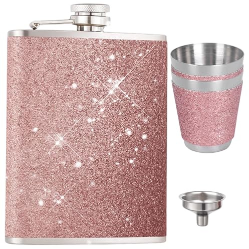 Flask, Flachmann Pink Edelstahl 4er Set, 240ml Kapazität, Flachmann Versteckt Mit Trichter Und 2 Tassen, Ideal Für Outdoor, Party Und Geschenke, Rosa