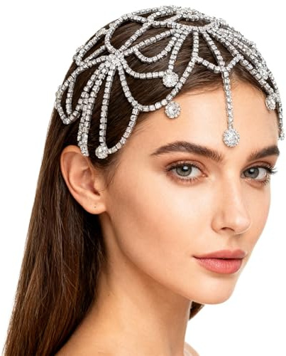 GORGECRAFT 1920s Copricapo di Cristallo Fiore Strass Catena Capelli Argento Ruggenti 20s Grande Gatsby Capelli Catena Capelli Cappello Cosplay Halloween Arte Festa (con 2 Pezzi Fermaglio Capelli)