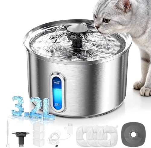 Fuente para Gatos Acero Inoxidable- 3,2L, 5 Etapas de Filtración, 25 db Ultra Silencioso, 5W de Bajo Consumo Energético Fuente de Agua Para Gatos Ideal Para Gatos, Perros y Mascotas Pequeñas +3Filtros