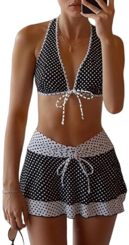 Veslyn Bikini 3 Piezas Retro Polka Dot Set para Mujeres Traje De Baño Halterneck Cintura Alta Bottoms & Playa Cubrir Falda