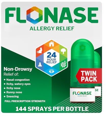 Flonase Allergy Relief Nasal Spray, 24 Hour Non Drowsy Allergy Medicine, Metered Nasal Spray - 144 Sprays (Pack of 2) - Fall and Seasonal Allergy Relief