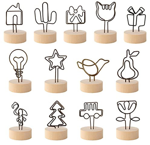 LdawyDE Memo Clip Halter Ständer Fotohalter 13 Stück Holzbasis Tischkartenhalter Memo Halter Notiz Clip Niedliche Kartenhalter Hinweis Clip für Hochzeit Party Kuchen Dekor(13 Stile)