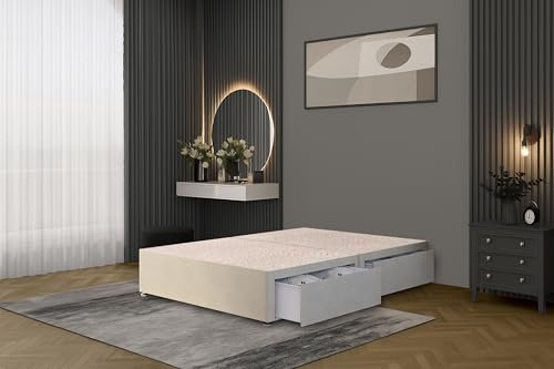 Bed Centre Flexby Divan Bed Base Only with 2 Drawers (Same Side), No Headboard - Available in 3FT, 4FT, 5FT & 6FT (6FT Super King, Tweed Natural Fabric)