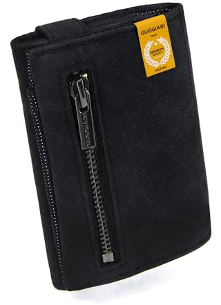 GUGGIARI® - Portatarjetas de crédito antirRFID con elástico, Bolsillos para Monedas y Billetes, Cartera con 4 persianas para Hombres, Compacto y Delgado con Bolsillo para Moneda, Negro, Small,