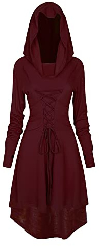 FSUJWOA Disfraz renacentista para Mujer, Vestido gótico, Vestido de Mujer Medieval renacentista con Capucha, Vestido de Halloween, Fiesta(Rojo, M)