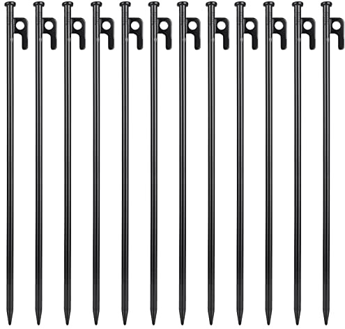 ABuff 12 Pcs 16 Inch Tent Stakes Heavy Duty Metal Tent Pegs, Camping Steel Tent Stakes for Unbreakable and Inflexible Camping Backyard Rocky Ground