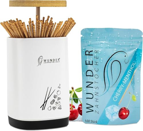 Zahnstocherspender von Wunder Zahnstocher - Spender mit easy-lift Funktion - Zahnstocherhalter + 1 Refill Pack (100 Zahnstocher) - Zahnstocher mit Geschmack (SPENDER + KIRSCH/MENTHOL REFILL)