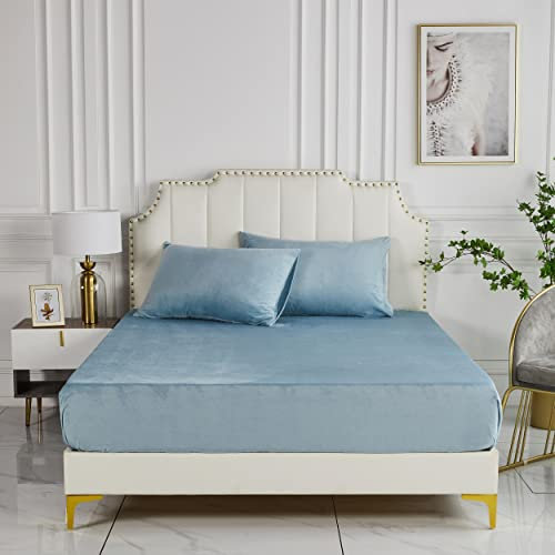 Damier Plüsch Spannbettlaken 180x200x30cm Blau Hellblau Winter Warme Flauschige Bettlaken Cashmere Touch Spannbetttuch Geeignet für 30cm Matratze