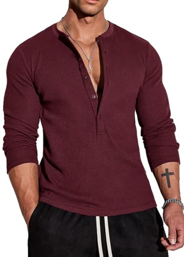 Muscle Cmdr Chemises Henley Waffle pour Hommes,Henley T-Shirt à Manches Courte & Longues Bouton Col Tunisien Slim Fit pour Homme Rouge L