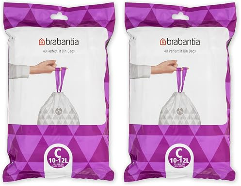 Brabantia PerfectFit Bin Liners (Size C/10-12 Litre) Thick Plastic Trash Bags with Tie Tape Drawstring Handles (40 Bags) (Pack of 2)