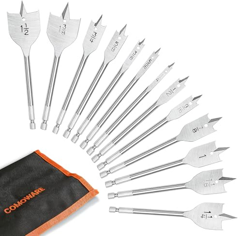 COMOWARE 13Pcs Spade Drill Bit Set-Paddle Flat, Hole Cutter, Carbon Steel