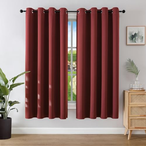 Joydeco Blackout Curtains for Bedroom 52 x 63 Inch, Eyelet Thermal Insulated Energy-saving Drapes for Room Darkening Light Filtering, Short Window Treatments 63 Inch Drop, 2 Panels - Burgundy Red