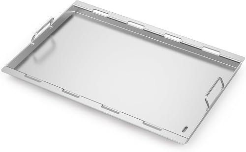 onlyfire Plancha pour Barbecue en Acier Inoxydable de 4mm D'épaisseur, Plaque de Barbecue avec Poignée, Plaque de Cuisson pour Weber Genesis ll 400 Series Barbecue à Gaz, 82,5 × 47 × 3,8cm, Argent