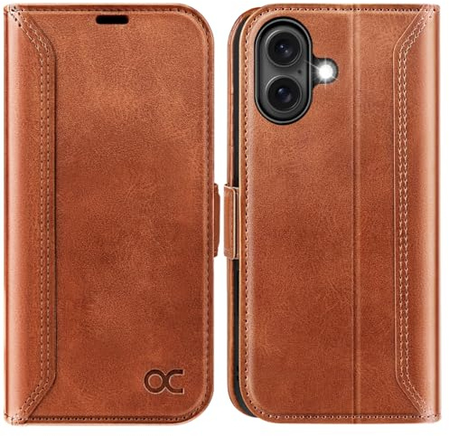 OCASE for iPhone 16 Case, PU Leather Wallet, Magnetic Flip Folio Cover with RFID Blocking, Card Holders, Shockproof TPU, and Kickstand for 6.1 Inch iPhone 16 (2024), Retro Brown