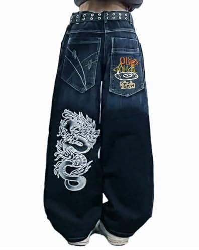OATSBAS Unisex-jeans, Y2K, hip-hop, gotiska, lediga pösiga, överdimensionerade byxor, streetwear, Gragon-tryck, bokstav, grafisk denim, retrostil, BLÅ, S