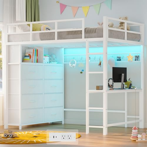 ADORNEVE Twin Size Loft Bed with Desk and 8 Storage Drawers, Metal Kids Loft Bed Twin with LED Lights & Charging Sation, Storage Shelves, 13.1 H Safety Guard & Ladder, No Box Spring Needed, White