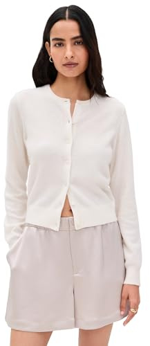 White & Warren Women's Cashmere Crew Neck Cardigan, Soft White, M
