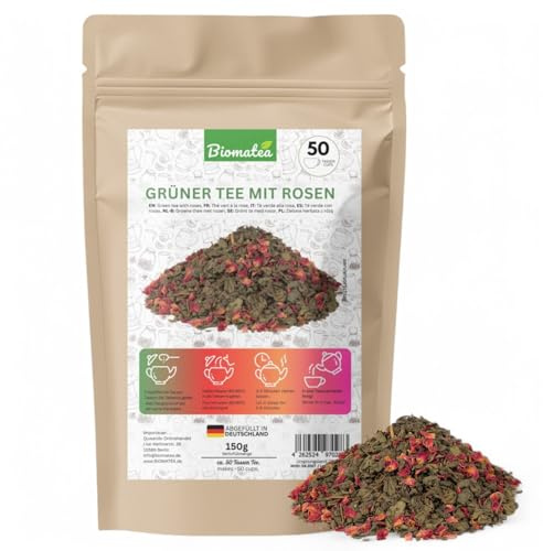 Biomatea Grüner Tee mit Rosen – 150 g loser Grüntee mit echten Rosenblättern – aromatisch & floral – ca. 50 Tassen – im wiederverschließbaren Zip-Beutel, in Deutschland abgefüllt