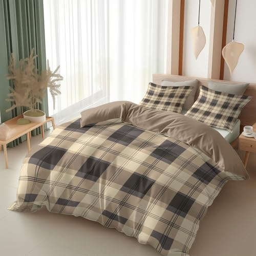 Srigzcaly Housse de Couette 260x240 cm avec 2 Taies d'oreiller - Motif Carreaux rétro Parure de Lit Adulte Réversible - Parure de Couette 2 Personnes 100% Microfibre avec Fermeture Éclair, Brun