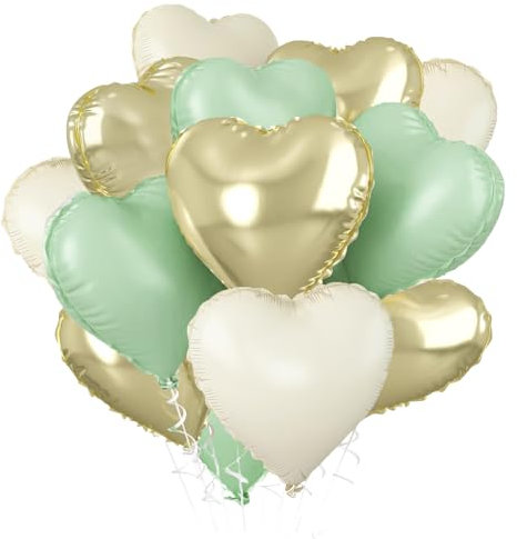 Heart Balloons,12PCS Sage Green Gold Beige Heart shape Balloon,18 Inch Foil Helium Balloons for Wedding Birthday Party Bridal Engagement Anniversary Baby Shower Valentines Decor