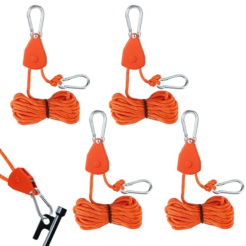 4 Stück 4mm Verstellbarer Seil Ratsche, 5M Abspannseile mit seilspanner, Einstellbare Ratchet Hanger, Zeltschnur mit Aufbewahrungstasche, Reflektierende Abspannseile für Sonnensegel