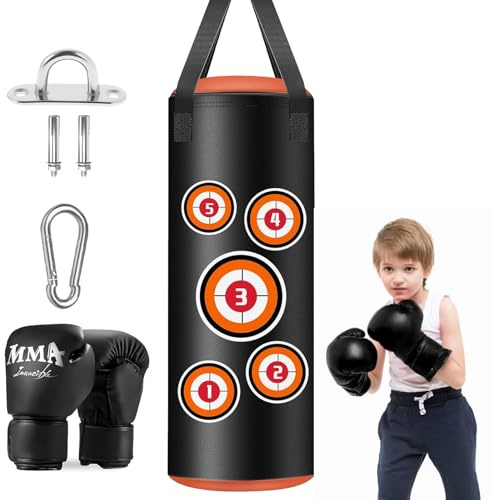 Sacco da Boxe per Bambini Vuoto, 60cm PU Sacco da Boxe Appeso con Guanti, Catene e Ganci di Fissaggio, Pugilato Set per Kickboxing e Fitness, Ragazzi e Ragazze Regalo