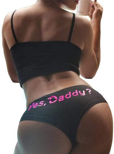 KFLY Women Underwear Lingerie Low Rise Sexy Thong Knickers G String Soft Cotton Hipster Briefs Yes Daddy Print (UK, Alpha, One Size, Regular, Regular, Style 1-Black)