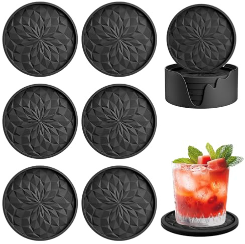 Silikon Untersetzer mit Halter - 6 Stück Tassen Untersetzer Gläser Hitzebeständiges rutschfest Coasters Kein Schimmel Tischuntersetzer Spülmaschinenfest Silikonunterlage Getränkeuntersetzer(Schwarz)