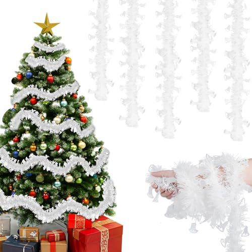 Joxessaien Espumillón para Árbol de Navidad 8 Piezas × 2M – Guirnalda Navideña 16M Adornos de Navidad Espumillón con Campanas – Decoración para Árbol de Navidad para Interior y Exterior (Blanco)