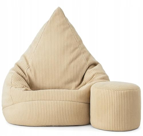 Slevobox Sitzsack Kinder mit Hocker 75x75x100cm - Kinder Sitzsack mit Füllung - Schlafzimmer und Wohnzimmer Möbel - Cord Indoor Sitzsäcke - Lounge Sessel - Bean Bag