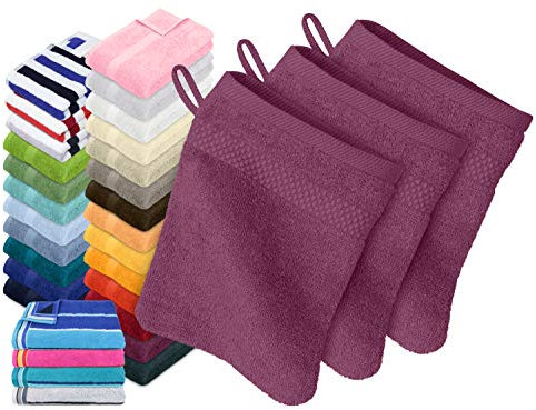 Dyckhoff Traumhaft weiche Bio-Handtuchserie - erhältlich in 22 modischen Unifarben in 7 verschiedenen Größen, sowie 7 Streifen-Variationen, 3er-Pack Waschhandschuhe 16 x 21 cm, Beere