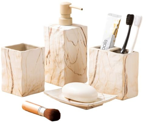 RQYIXI - Set di accessori da bagno con 4 pezzi: portaspazzolino, dispenser, portasapone in ceramica; il set decorativo per bagno contiene portaspazzolino, bicchiere, portasapone dispenser: motivo