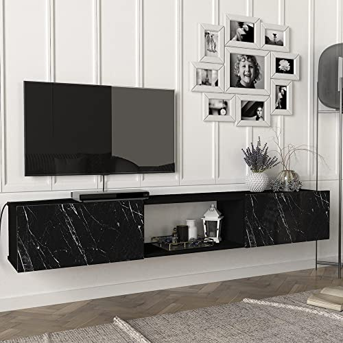 [en.casa] Mobile TV da Parete 180 x 31 x 29,5 cm Mensola Porta TV con 3 Scomparti 2 Vani con Ante a Ribalta Armadietto Pensile da Soggiorno Camera da Letto - Effetto Marmo Nero