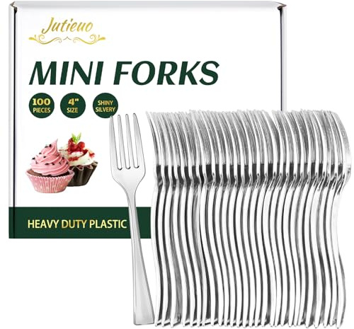 Jutieuo 100CT Plastic Mini Forks 4 Inch Heavy Duty Small Silver Dessert Forks Disposable Tiny Forks for Appetizers Tasting, Cocktail Hors D'oeuvres, Charcuterie Board, Wedding Reception