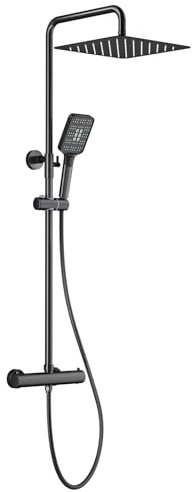 Rainsworth - Columna de ducha termostática, acero inoxidable, cabezal de ducha, 30 x 30 cm, cabezal de ducha de 3 chorros, ducha de lluvia ajustable en altura, ducha con mezclador de agua, color negro