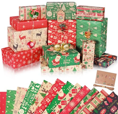 Pecehom 12pcs Christmas Wrapping Paper,Recyclable Kraft Paper 50 * 70CM in Folded Sheets with 12 Unique Xmas Theme Pattern Designs(Bonus 10m Jute String and 10 Gift Tags)