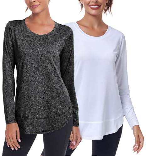 Deaviya Womens Long Sleeve Sports Tops UK, Sport Yoga T-Shirt Workout Running Tops, Crew Neck Quick Dry Golf Activewear Ladies Gym Sports Top, XXL,Black+White