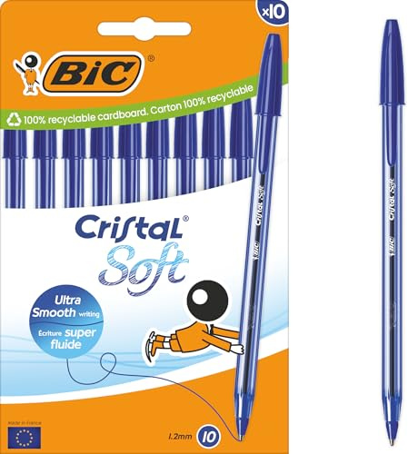 BIC Cristal Soft Stylos-Bille Pointe Moyenne (1,2 mm) - Écriture Douce et Fluide - Bleu, Boîte carton de 10