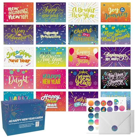 Dessie 40 Unique New Years Cards Boxed with Envelopes & Stickers, 4” x 6” Gold Foil Happy New Year Greeting Cards Assortment Box, Bulk Variety Pack